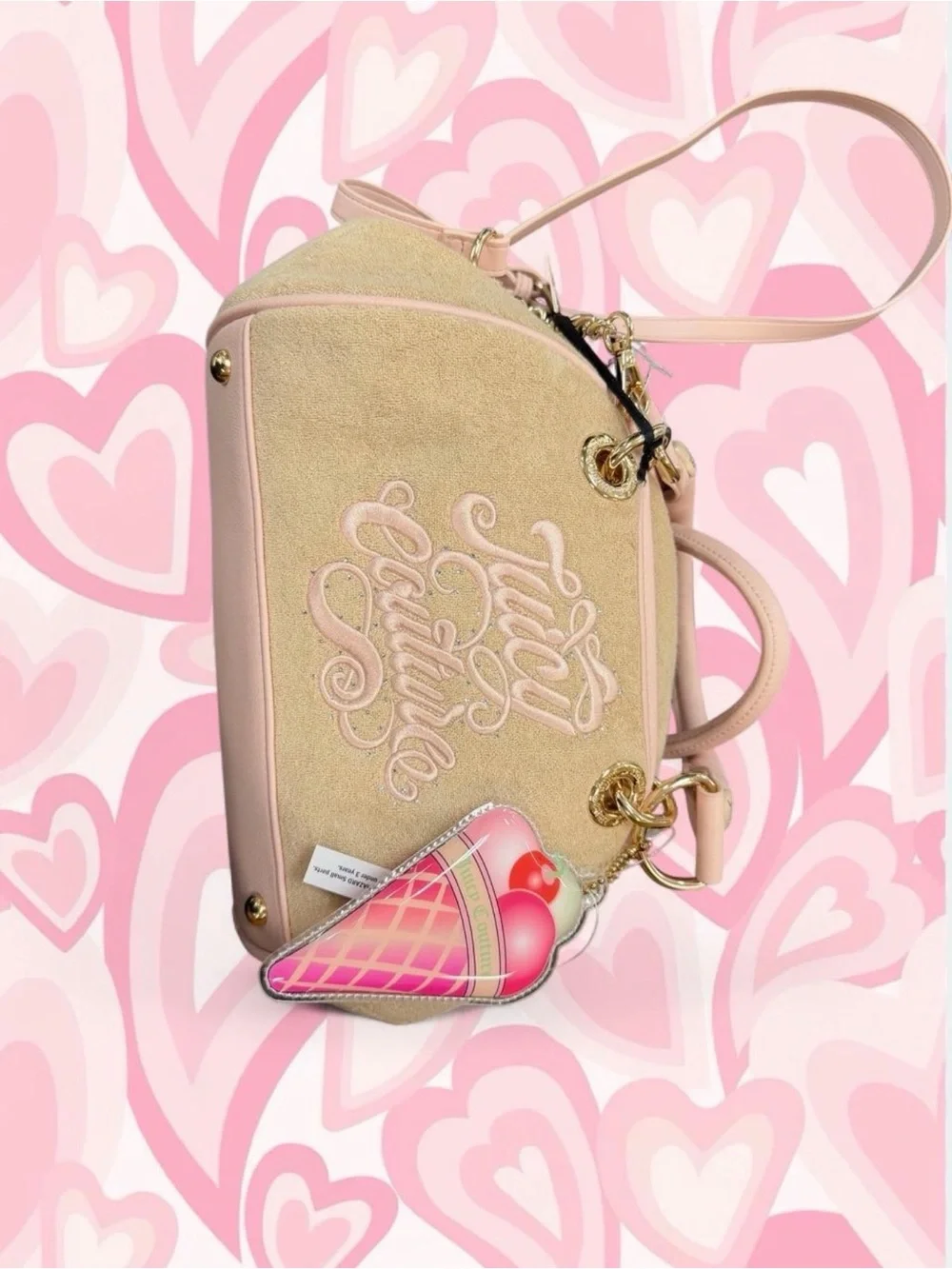 Juicy Couture Beige & Pink Velour Bowler Bag
